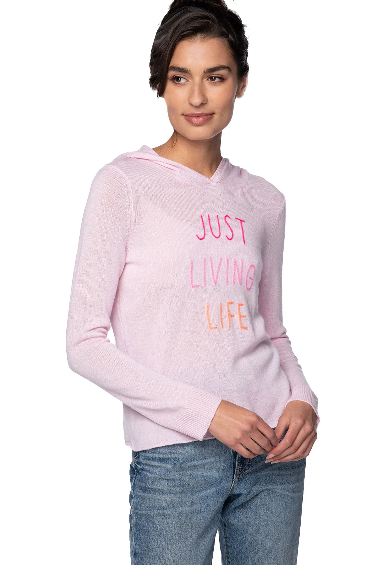 100% Cashmere Lt Pink Hoodie Sweater with Embriodery Stitch "Just Living Life"