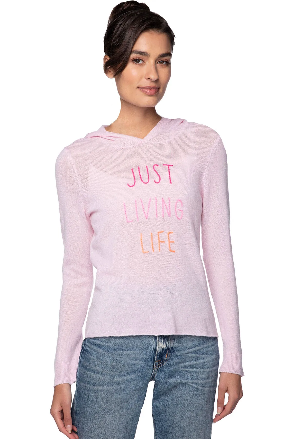 100% Cashmere Lt Pink Hoodie Sweater with Embriodery Stitch "Just Living Life"