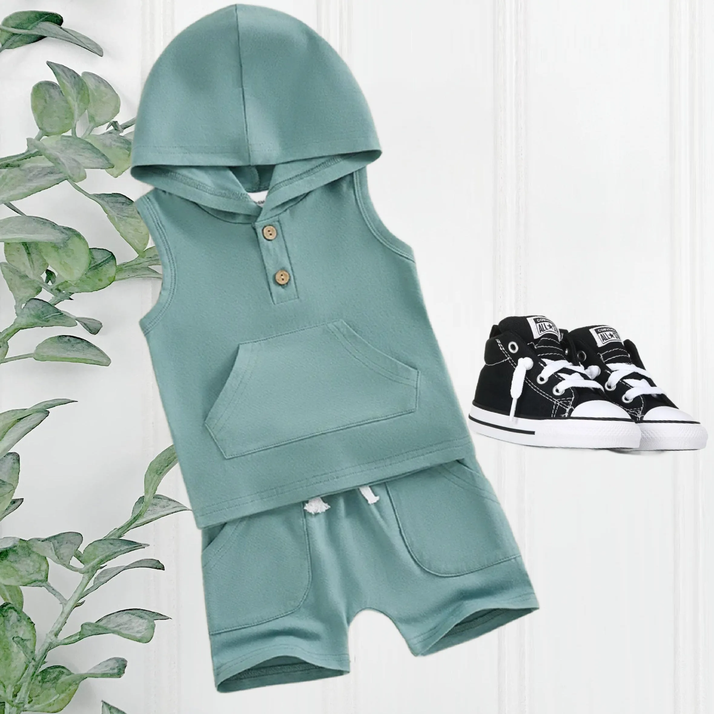 $12.00 EA - 3-6M X 2, 6-12M X 2, 12-24M X 2 - Sea Green Hooded Sleeveless with Pocket