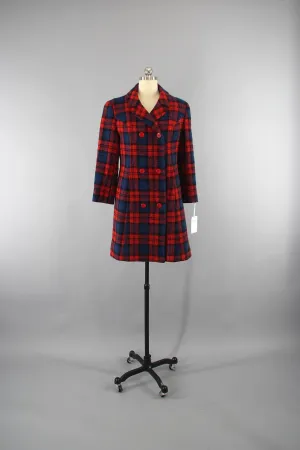 1960s Vintage Pendleton Wool Coat / Red & Blue Tartan Plaid