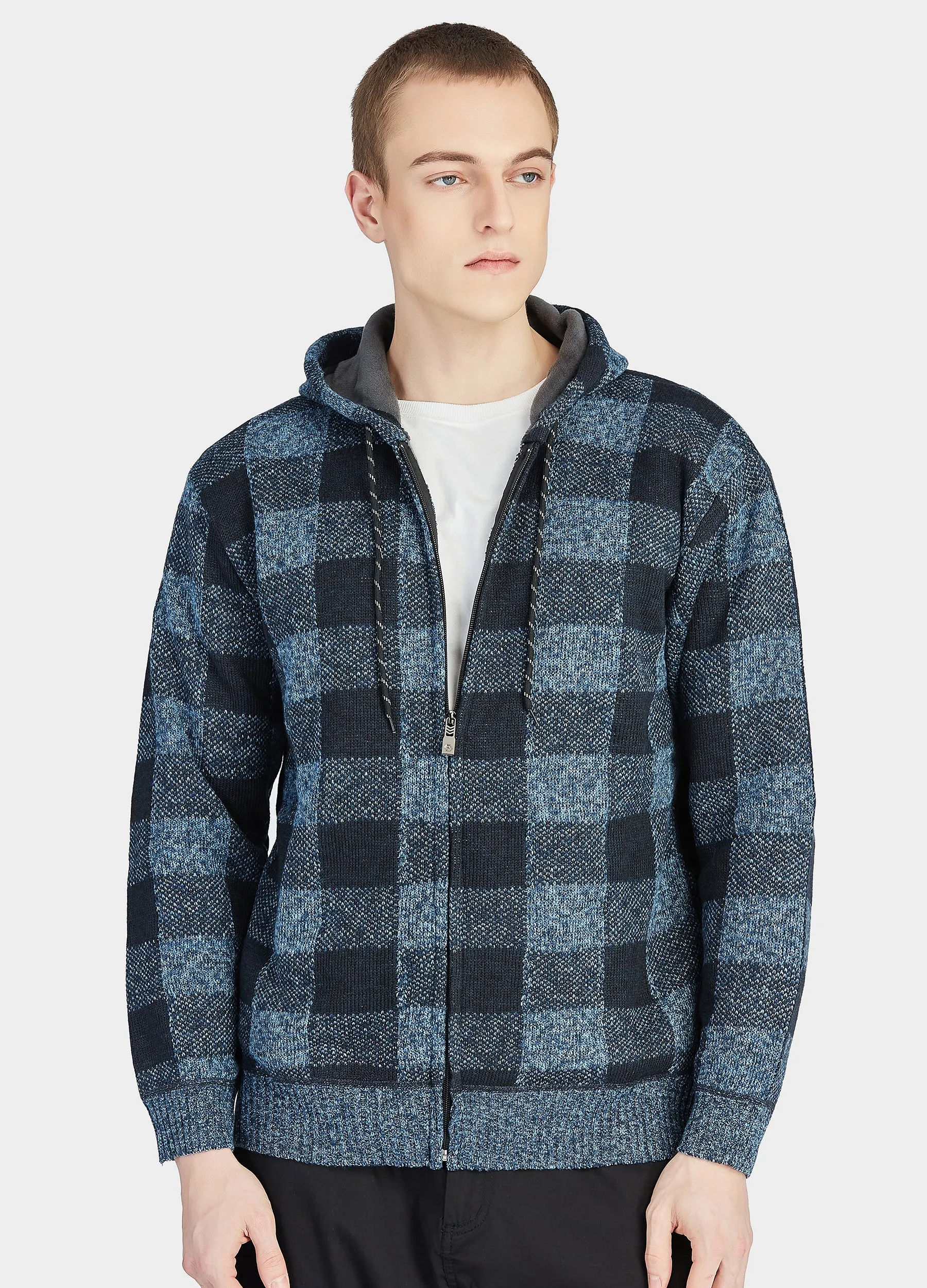 1PA1 Men's Zip Up Fleece Hooded Plaid Jacket Casual Hoodie Sweatshirt Coat