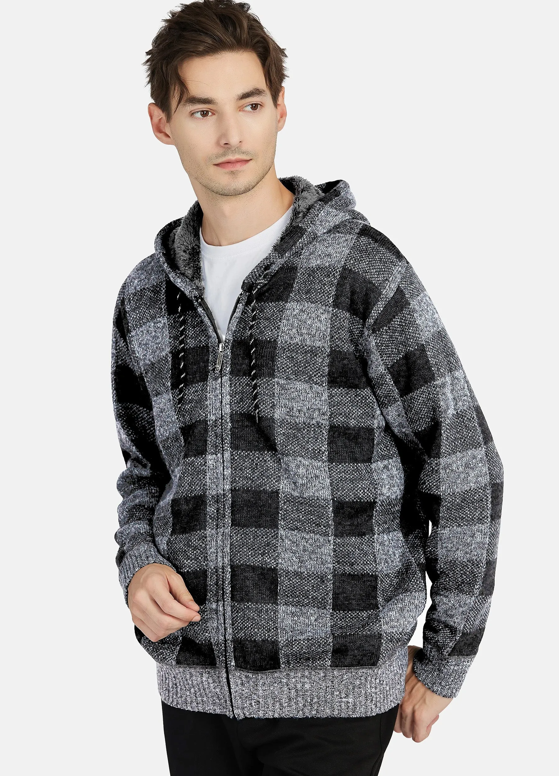 1PA1 Men's Zip Up Fleece Hooded Plaid Jacket Casual Hoodie Sweatshirt Coat