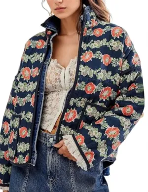 Aimiray Women's Cropped Floral Puffer Jacket Cardigan Printed Lightweight Open Front Padded Quilted Coats(Black-XS)