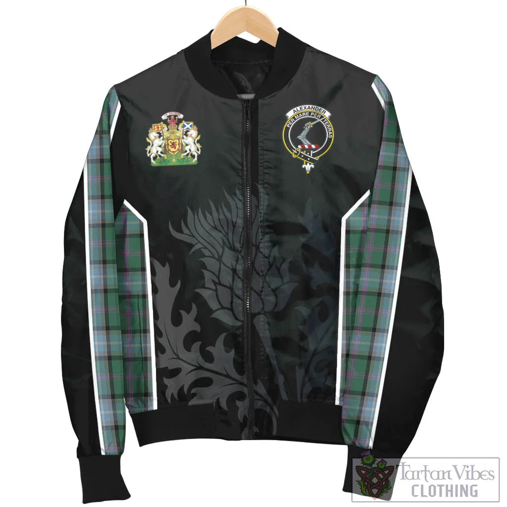 Alexander of Menstry Hunting Tartan Bomber Jacket with Family Crest and Scottish Thistle Vibes Sport Style