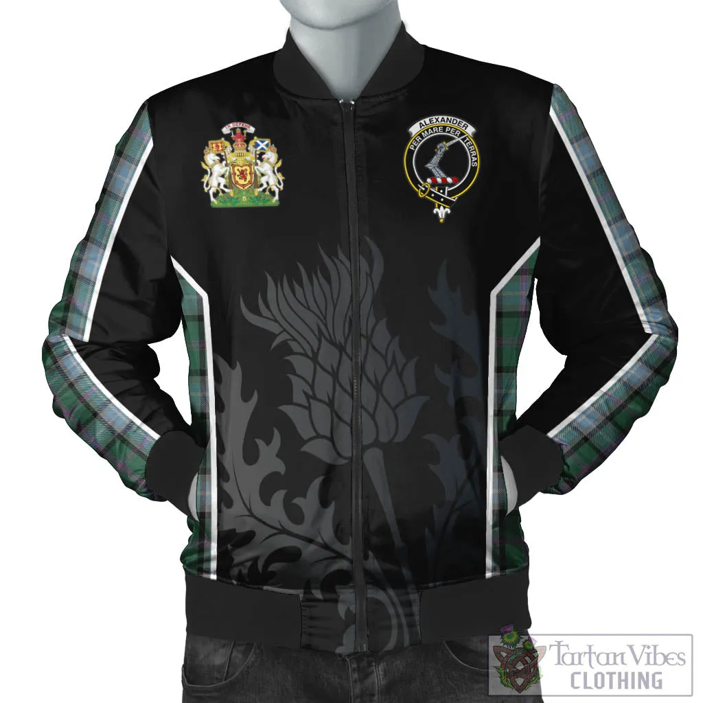 Alexander of Menstry Hunting Tartan Bomber Jacket with Family Crest and Scottish Thistle Vibes Sport Style