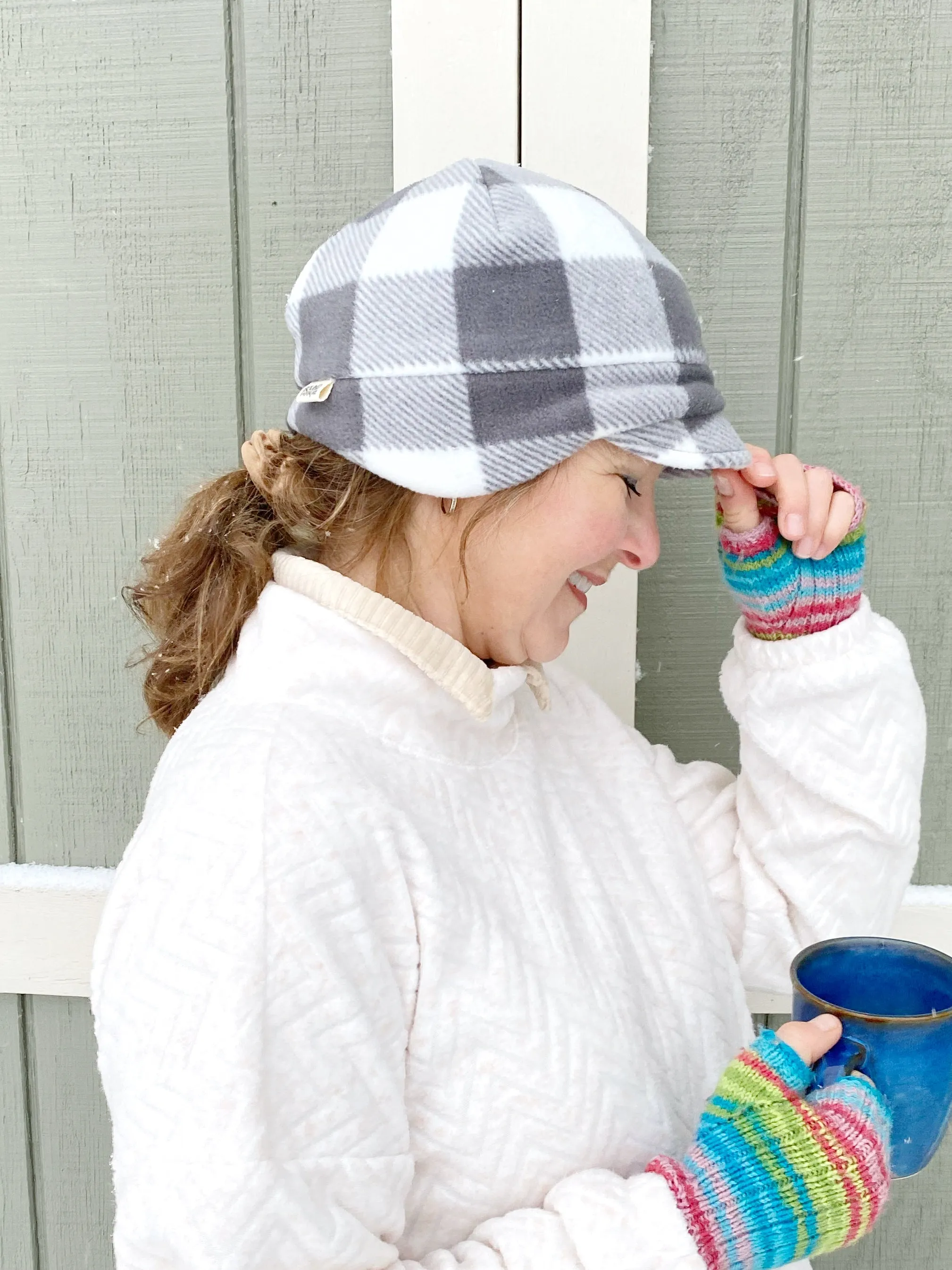 Anti-pill Fleece Winter Hat for Women, Winter Hat, Earflap Beanie for Women, Grey and White Buffalo Plaid