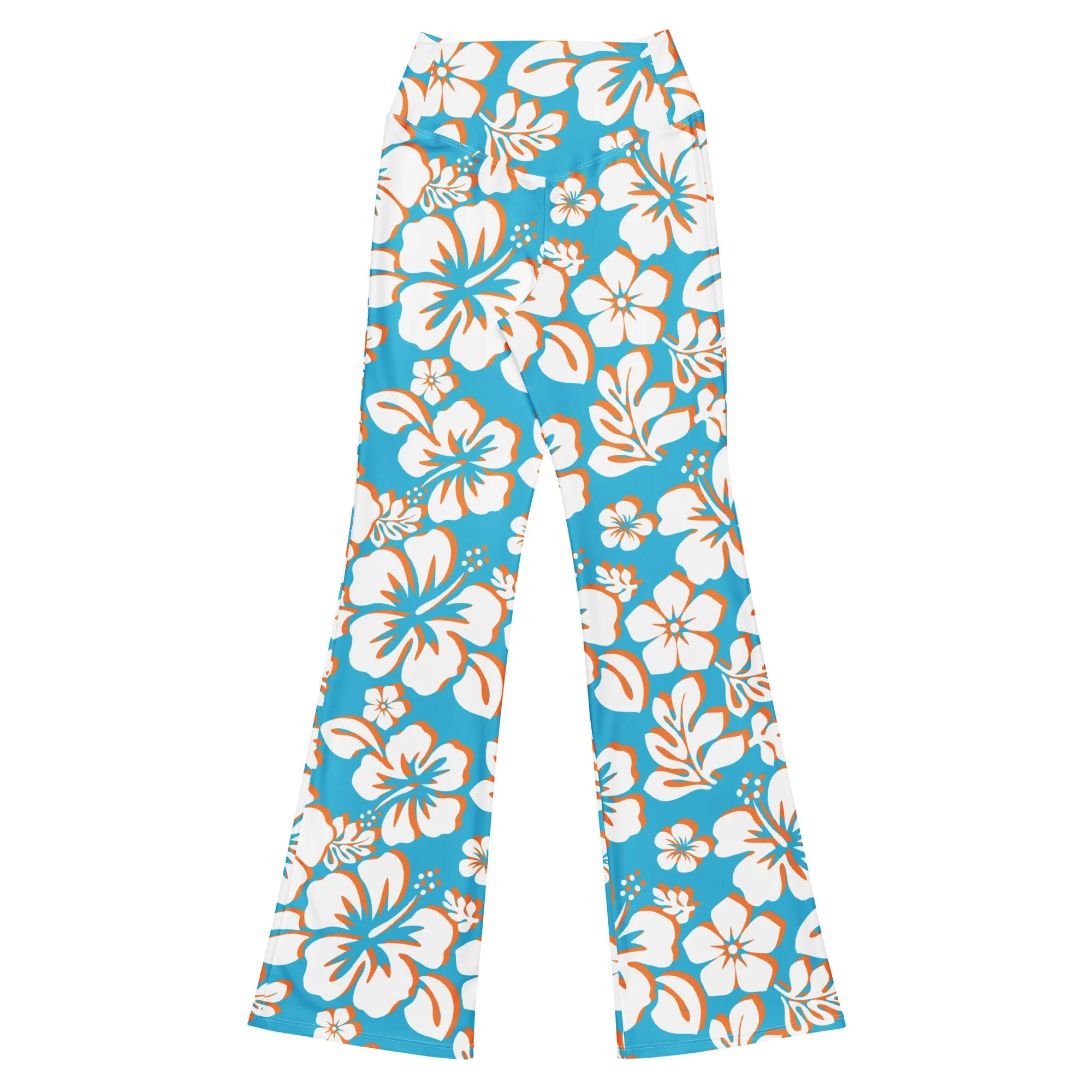 Aqua Blue, Orange and White Hawaiian Flowers Flare Leggings