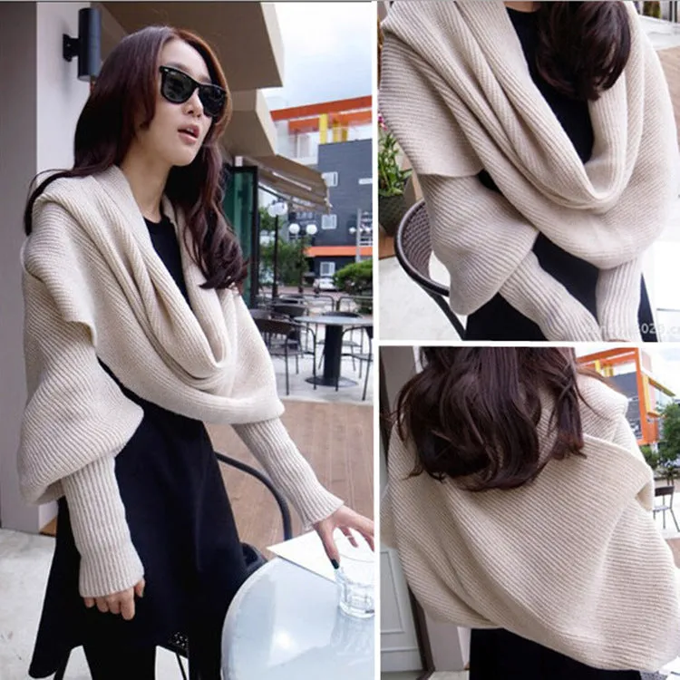 Autumn And Winter Women's Knitted Wool Scarf Shawl With Sleeves