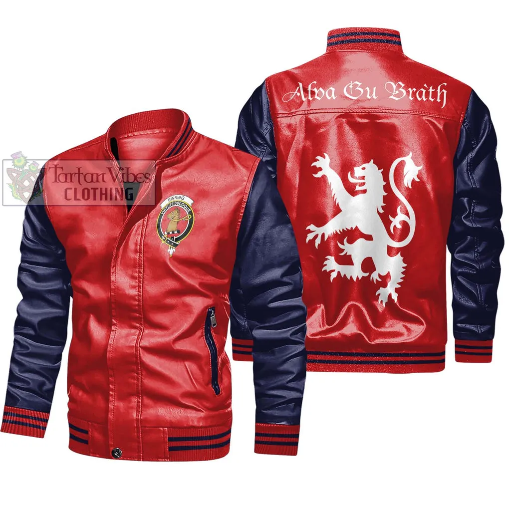 Binning Family Crest Leather Bomber Jacket Lion Rampant Alba Gu Brath Style