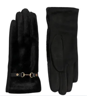 Black Faux Fur Gloves with Buckle Embellishment and Cozy Lining