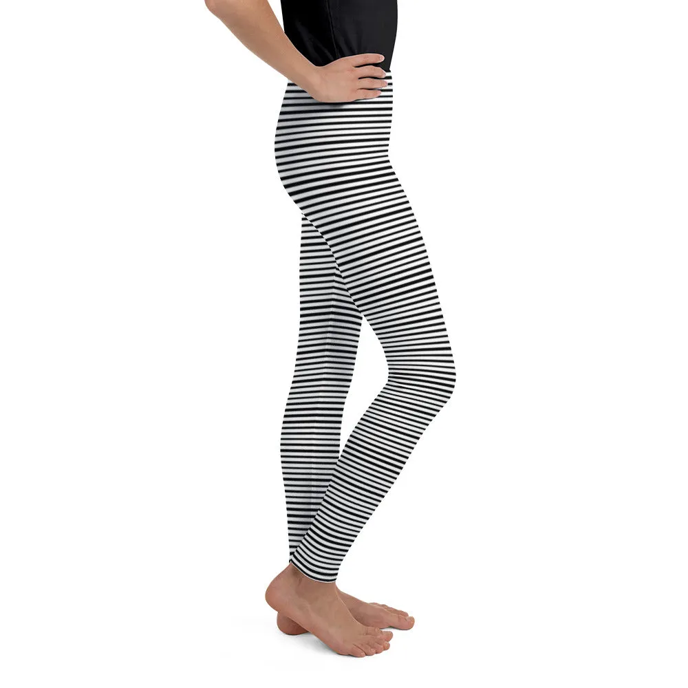 Black Striped Youth Leggings, Horizontal Stripe Premium Girl's Tights- Made in USA/ EU