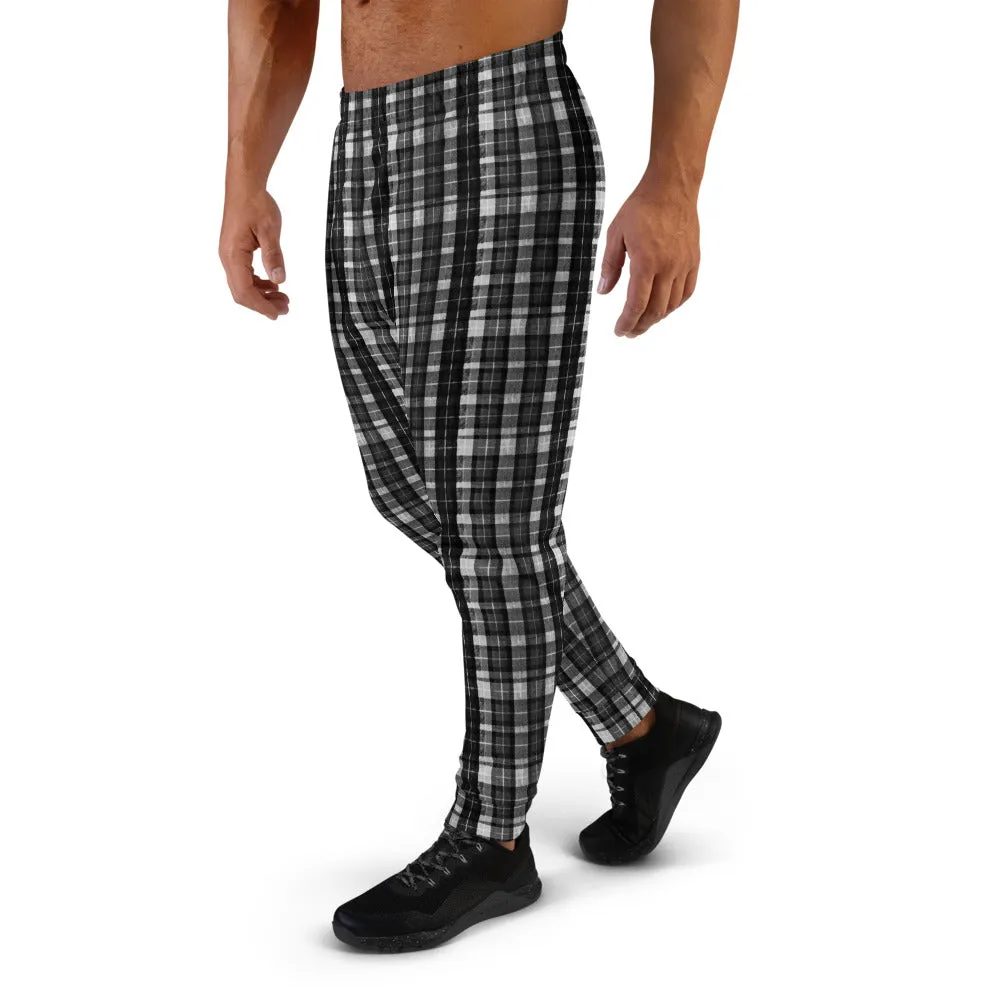 Black Tartan Men's Joggers, Plaid Print Designer Casual Sweatpants For Men- Made in EU