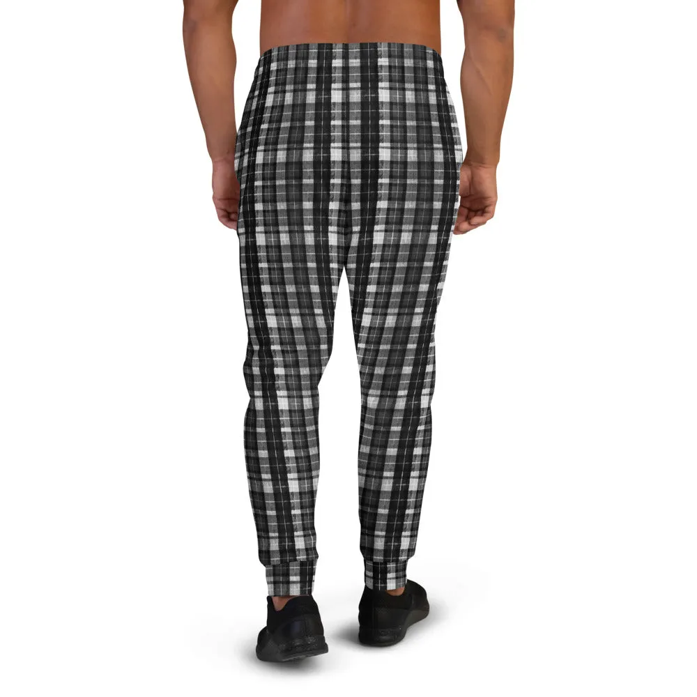 Black Tartan Men's Joggers, Plaid Print Designer Casual Sweatpants For Men- Made in EU