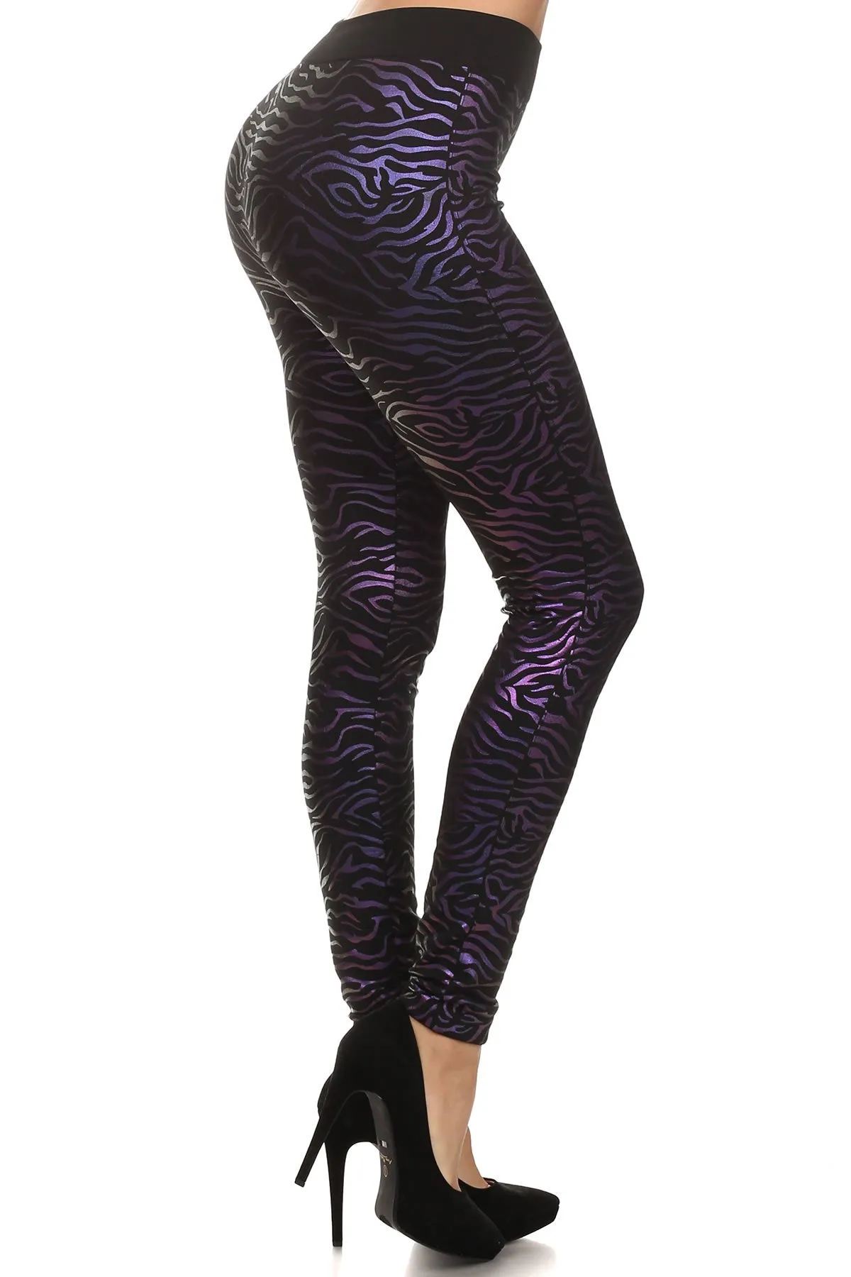 Black with Purple Metallic Zebra Animal Print Pattern Leggings