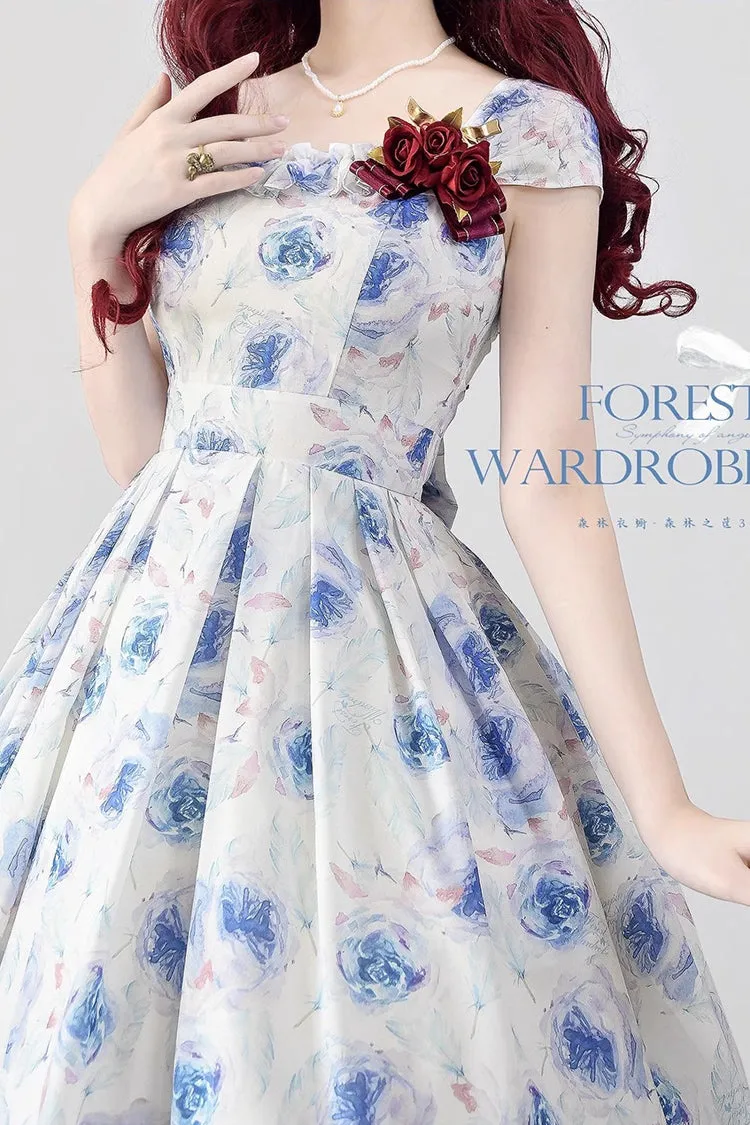 Blue/White Rose Print [Forest Basket] Bowknot Sweet Elegant Lolita Jsk Dress