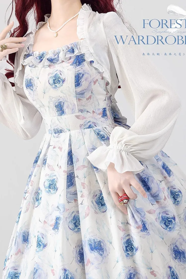 Blue/White Rose Print [Forest Basket] Bowknot Sweet Elegant Lolita Jsk Dress