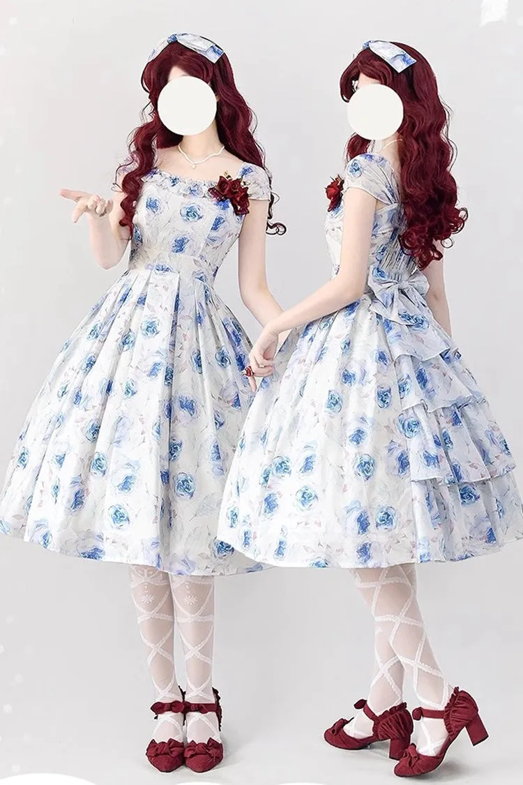 Blue/White Rose Print [Forest Basket] Bowknot Sweet Elegant Lolita Jsk Dress