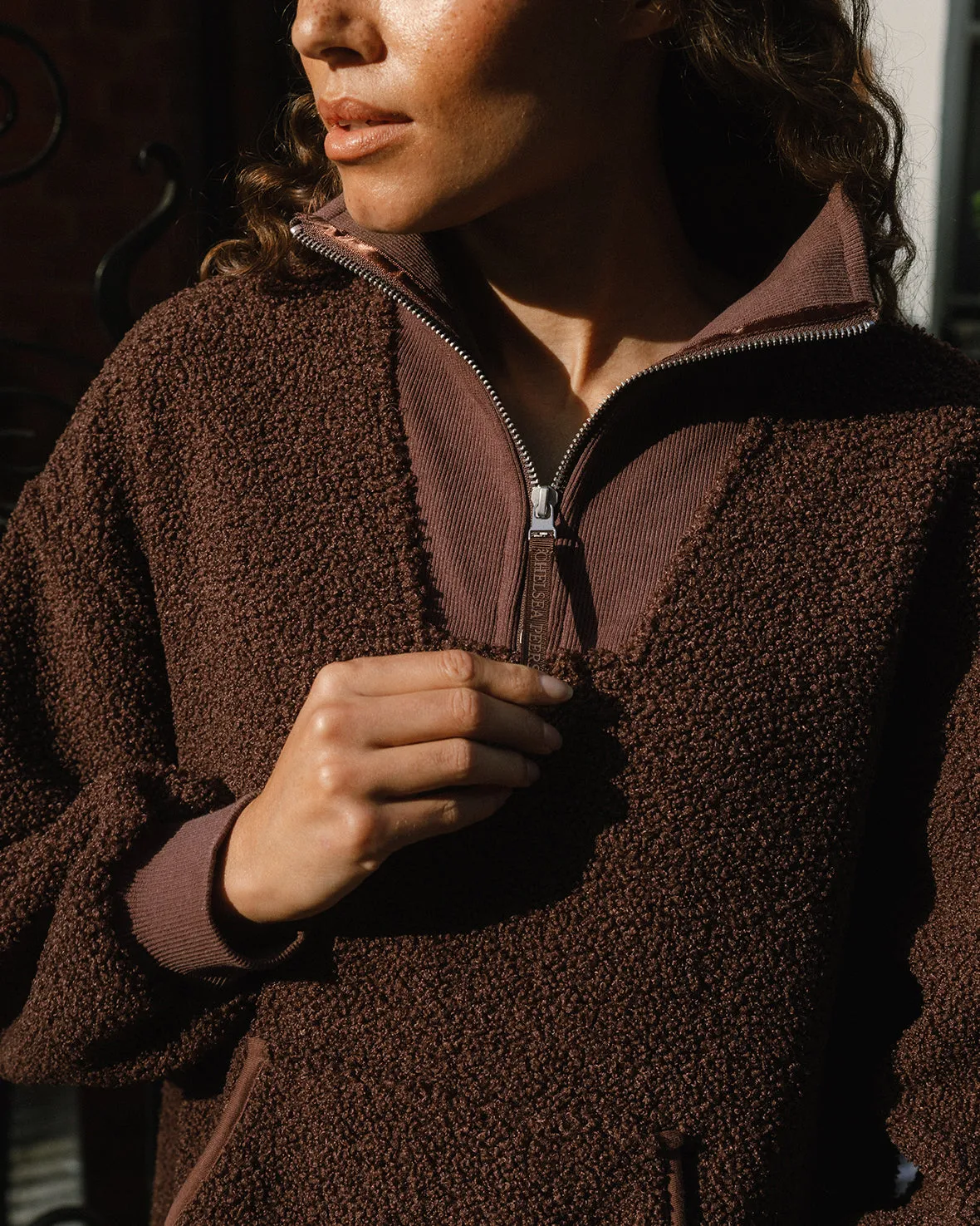 Borg Quarter Zip Funnel Sweatshirt - Brown