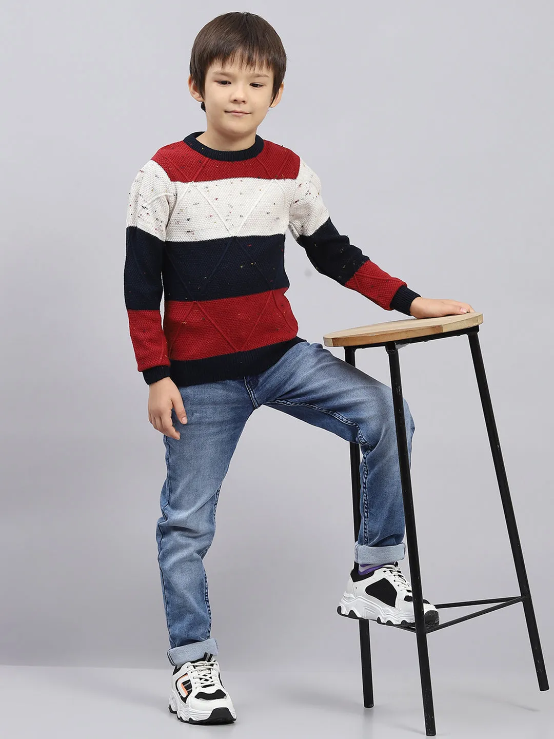 Boys Navy Blue & Maroon Self Design Round Neck Full Sleeve Pullover