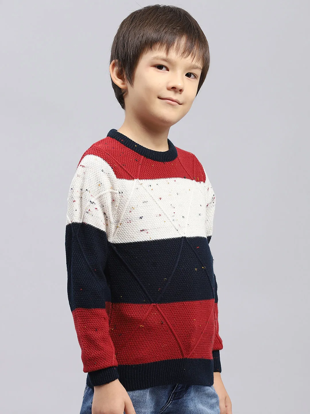 Boys Navy Blue & Maroon Self Design Round Neck Full Sleeve Pullover