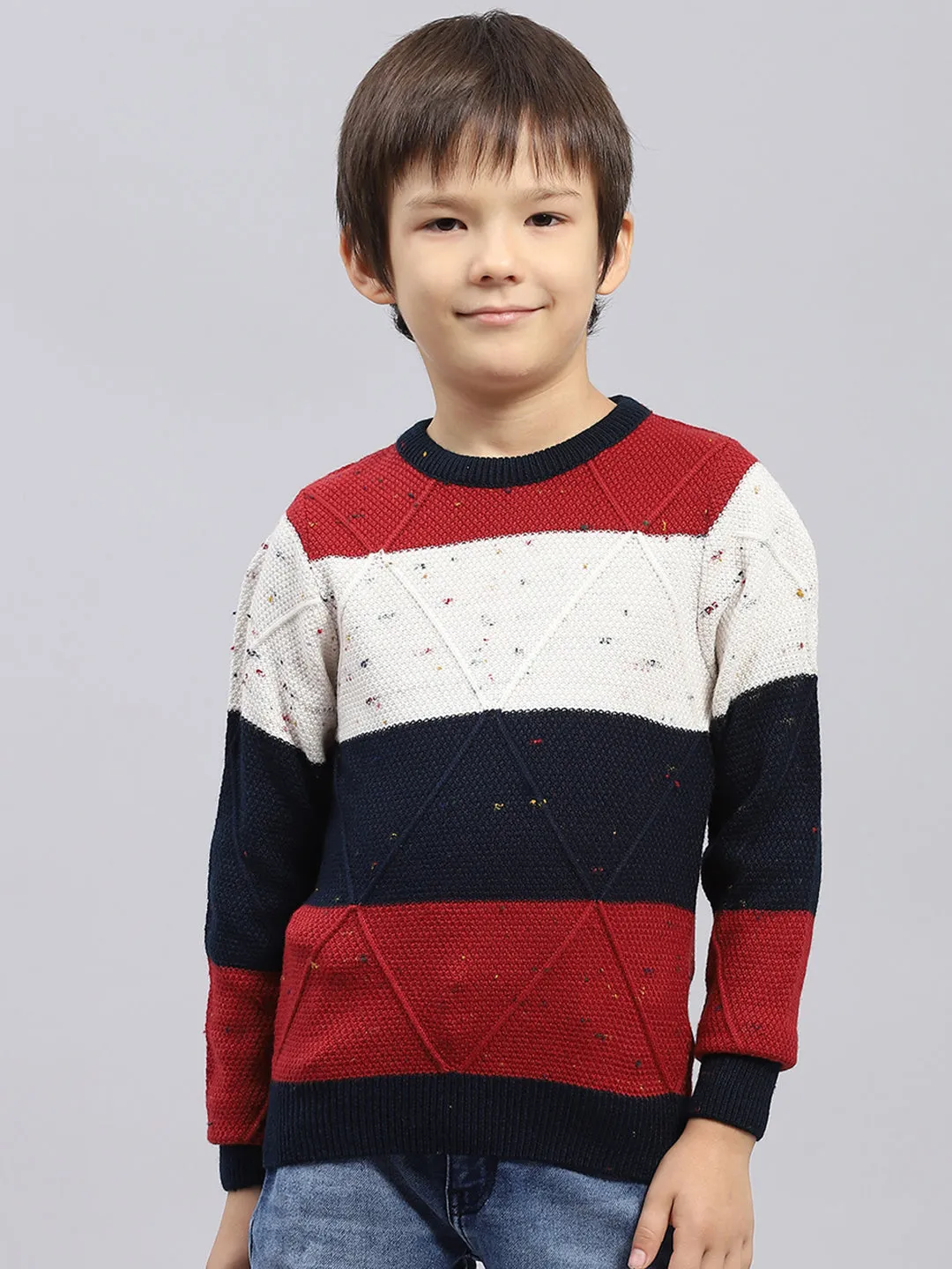 Boys Navy Blue & Maroon Self Design Round Neck Full Sleeve Pullover