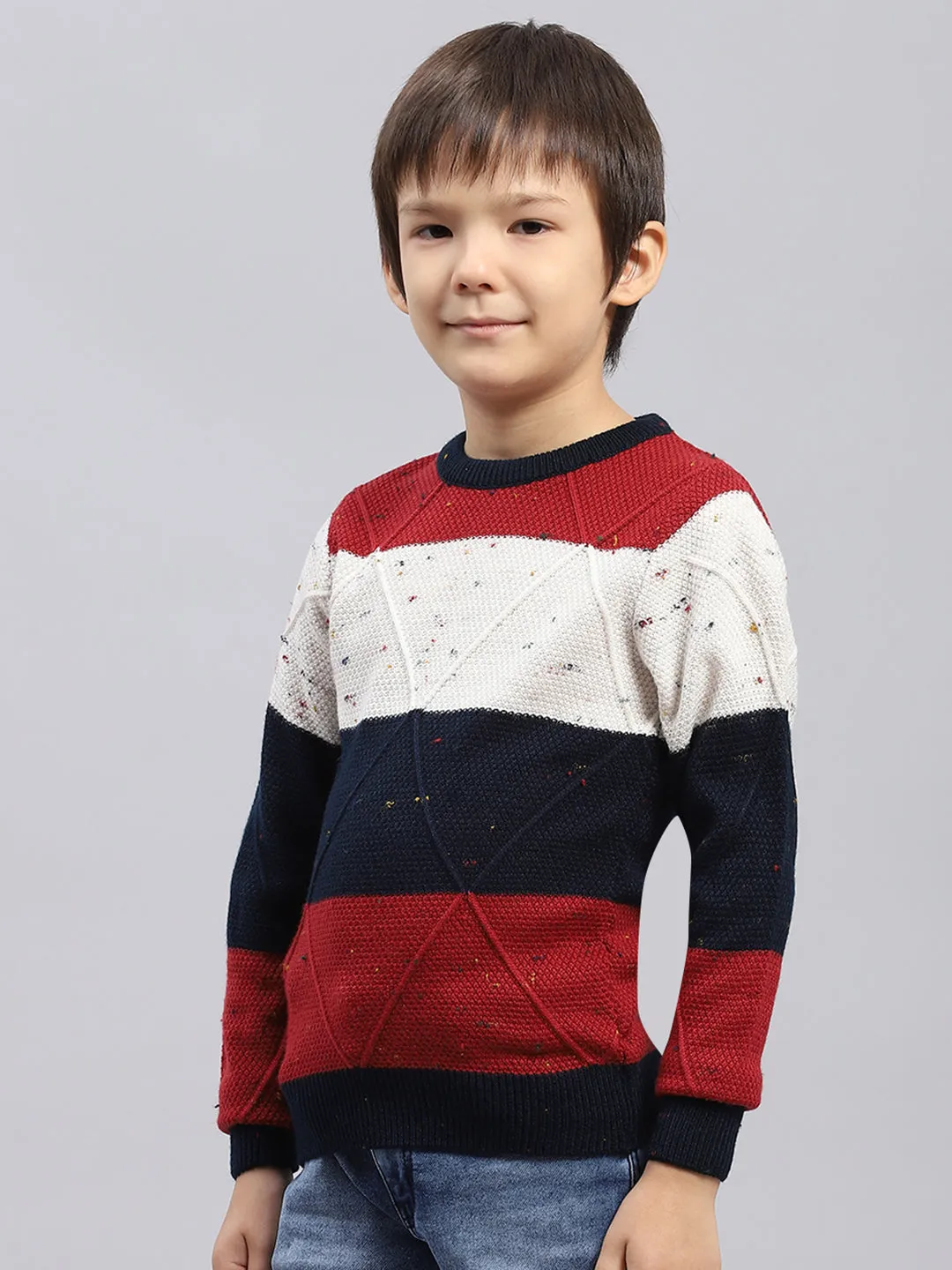 Boys Navy Blue & Maroon Self Design Round Neck Full Sleeve Pullover