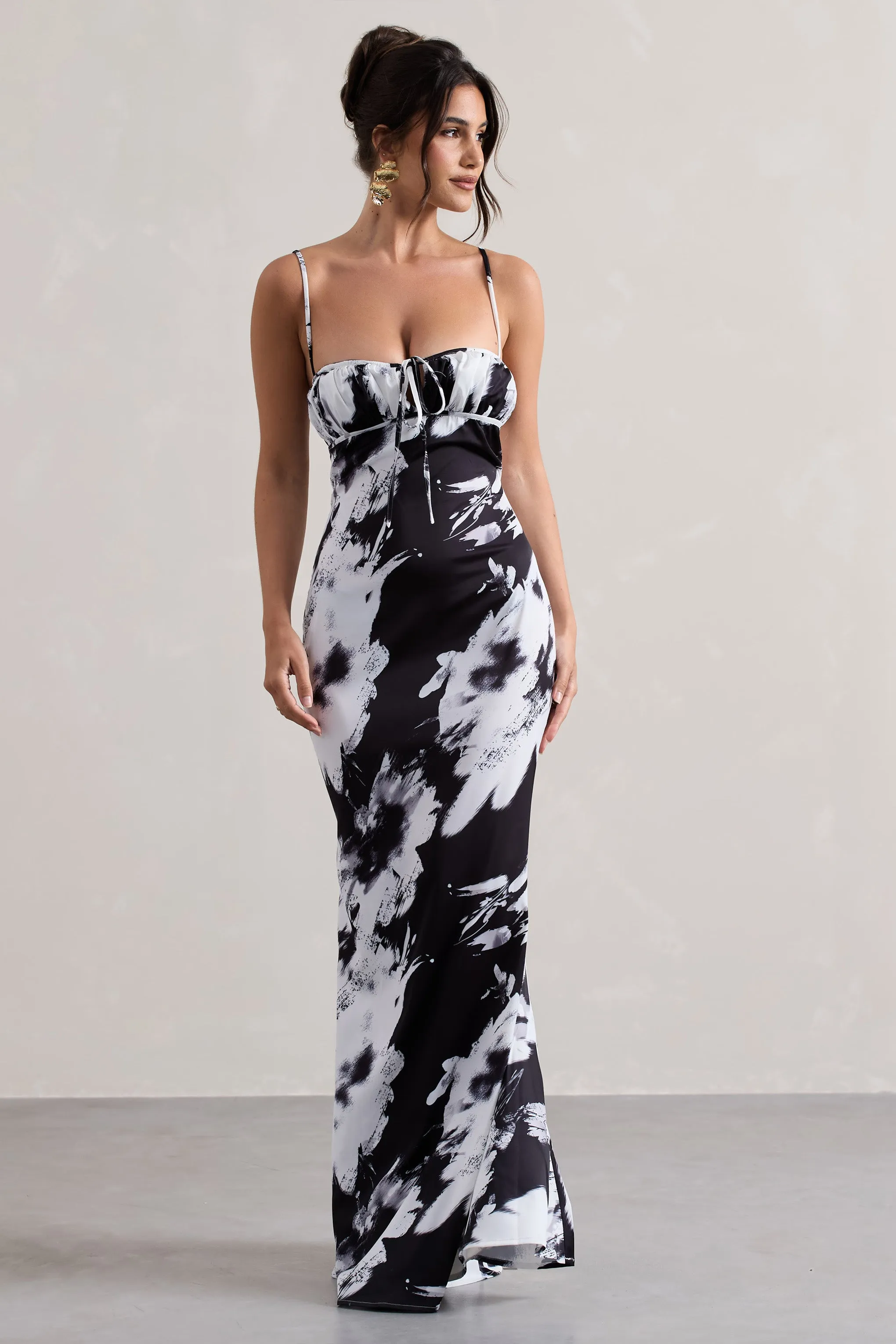 Casablanca | Monochrome Floral Print Satin Sweetheart Maxi Dress