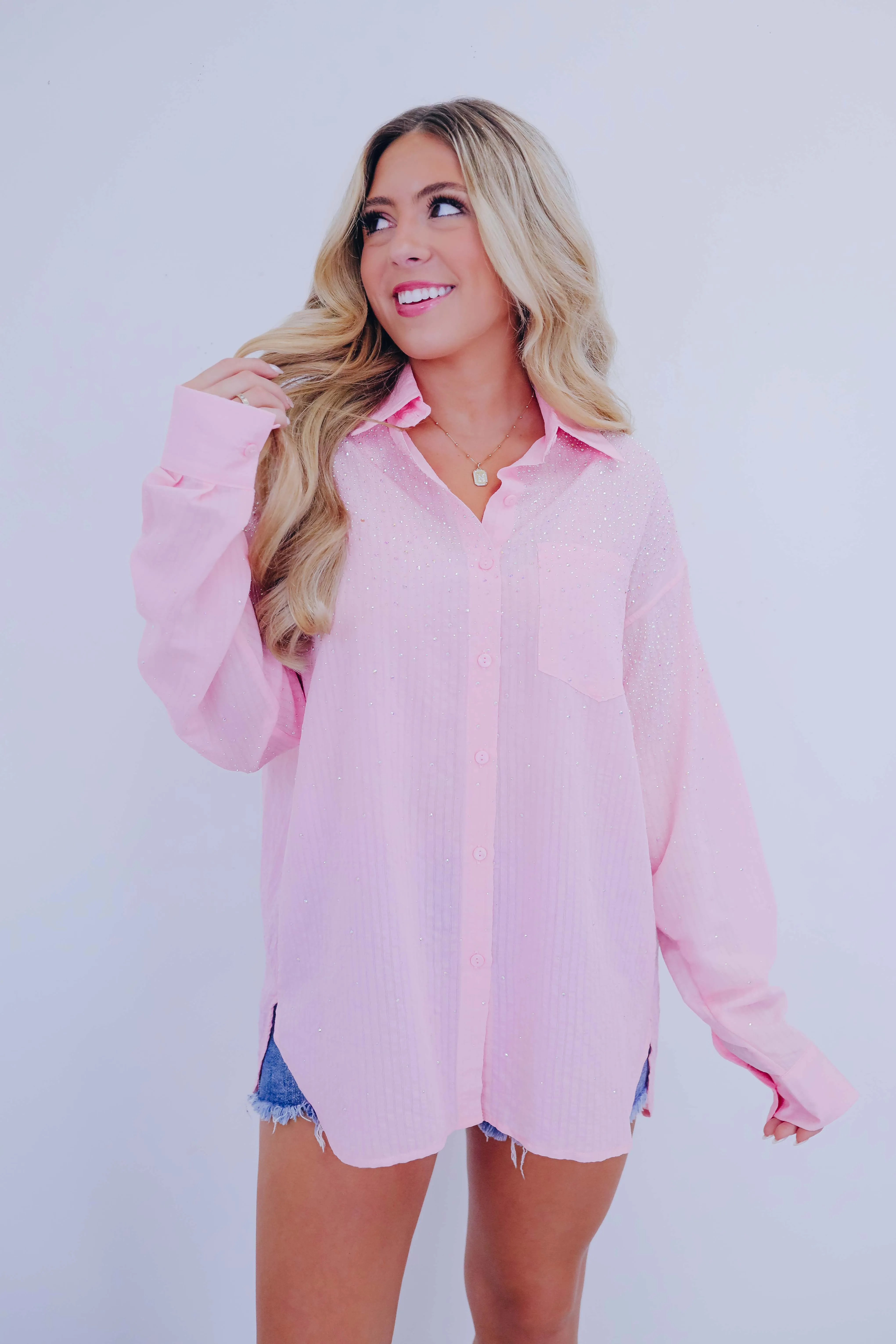 Cascading Rhinestone Button Up Shirt - 4 Colors