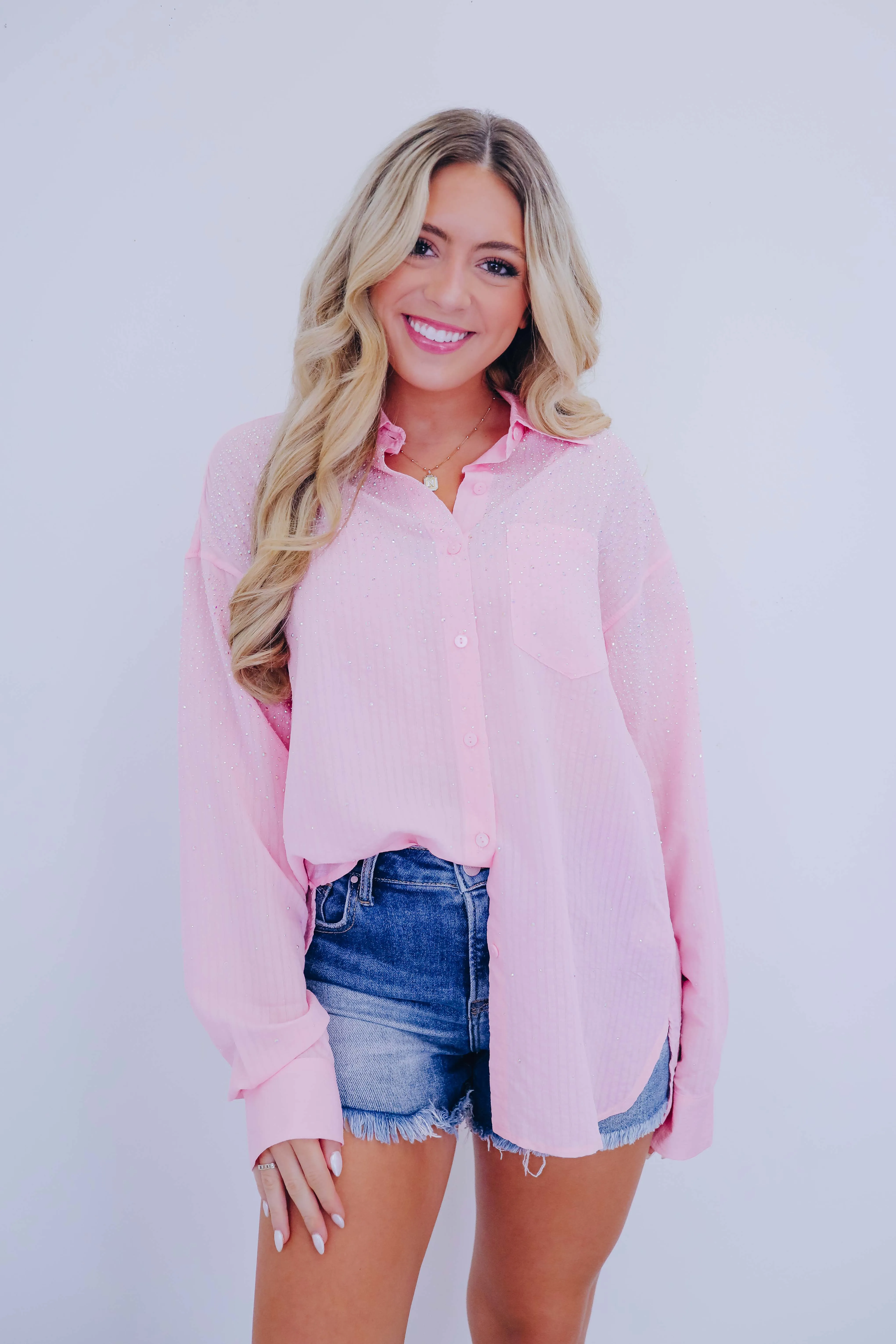 Cascading Rhinestone Button Up Shirt - 4 Colors