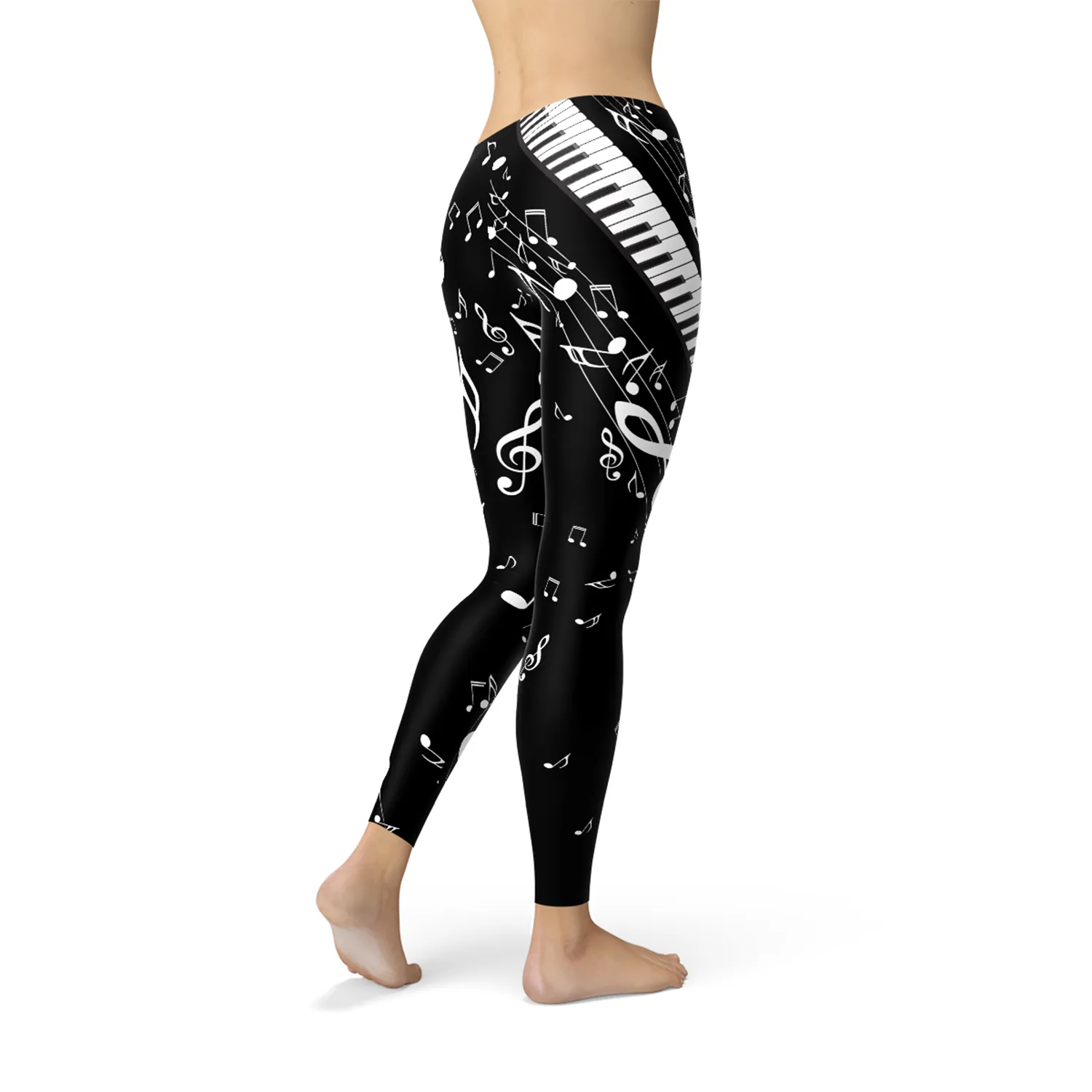 Chic Women's Black Leggings Featuring Musical Note Motif