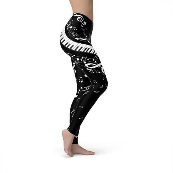 Chic Women's Black Leggings Featuring Musical Note Motif