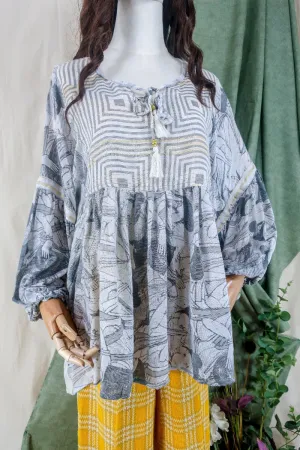 Daisy Boho Top - Monochrome Grey with Gold Detail - Vintage Indian Cotton - Size XXL