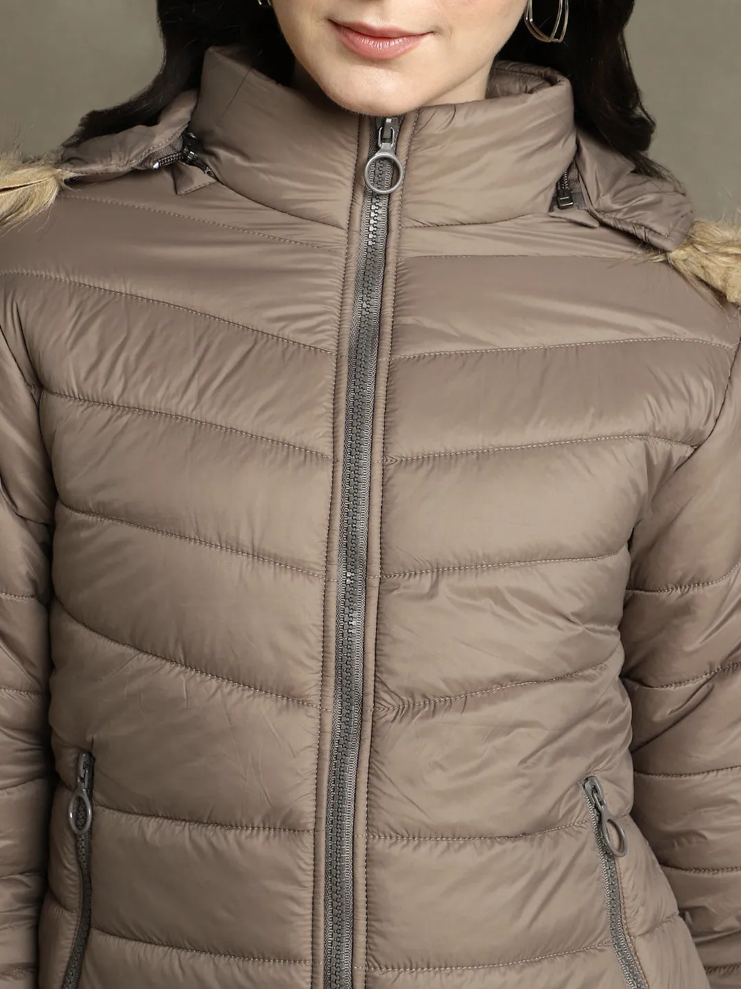 DL Woman Brown Hooded Full Sleeves Puffer Jacket