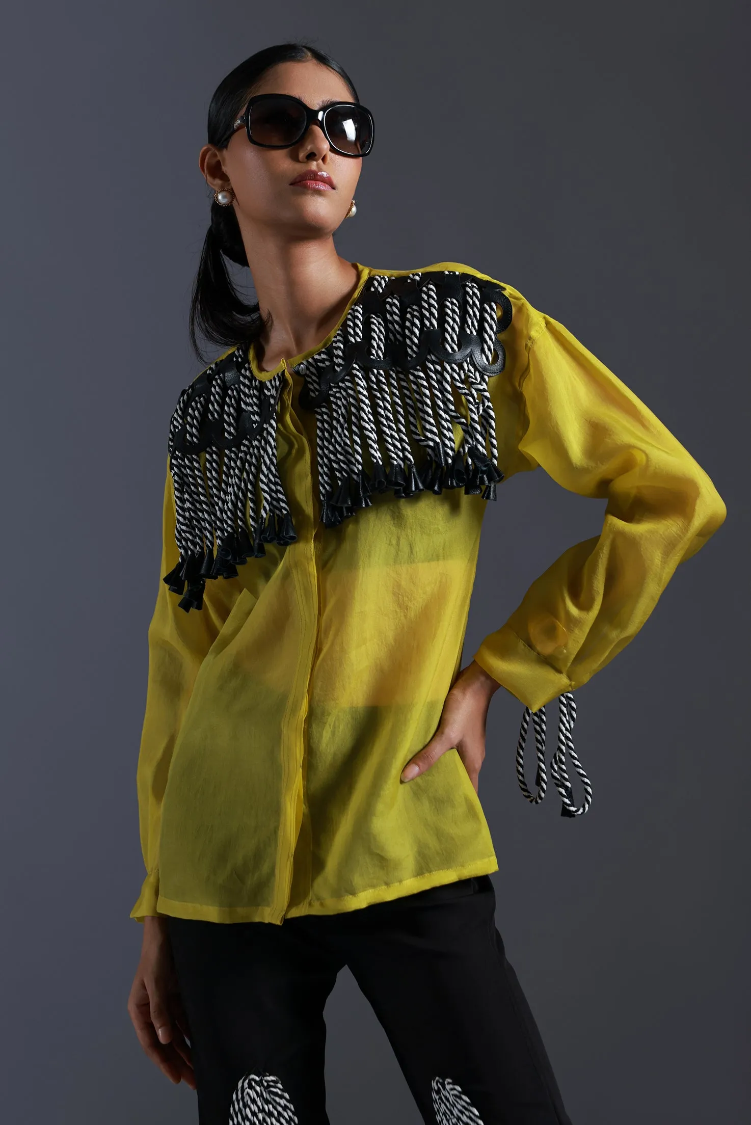 Dori Shirt In Organza With Leather Weave