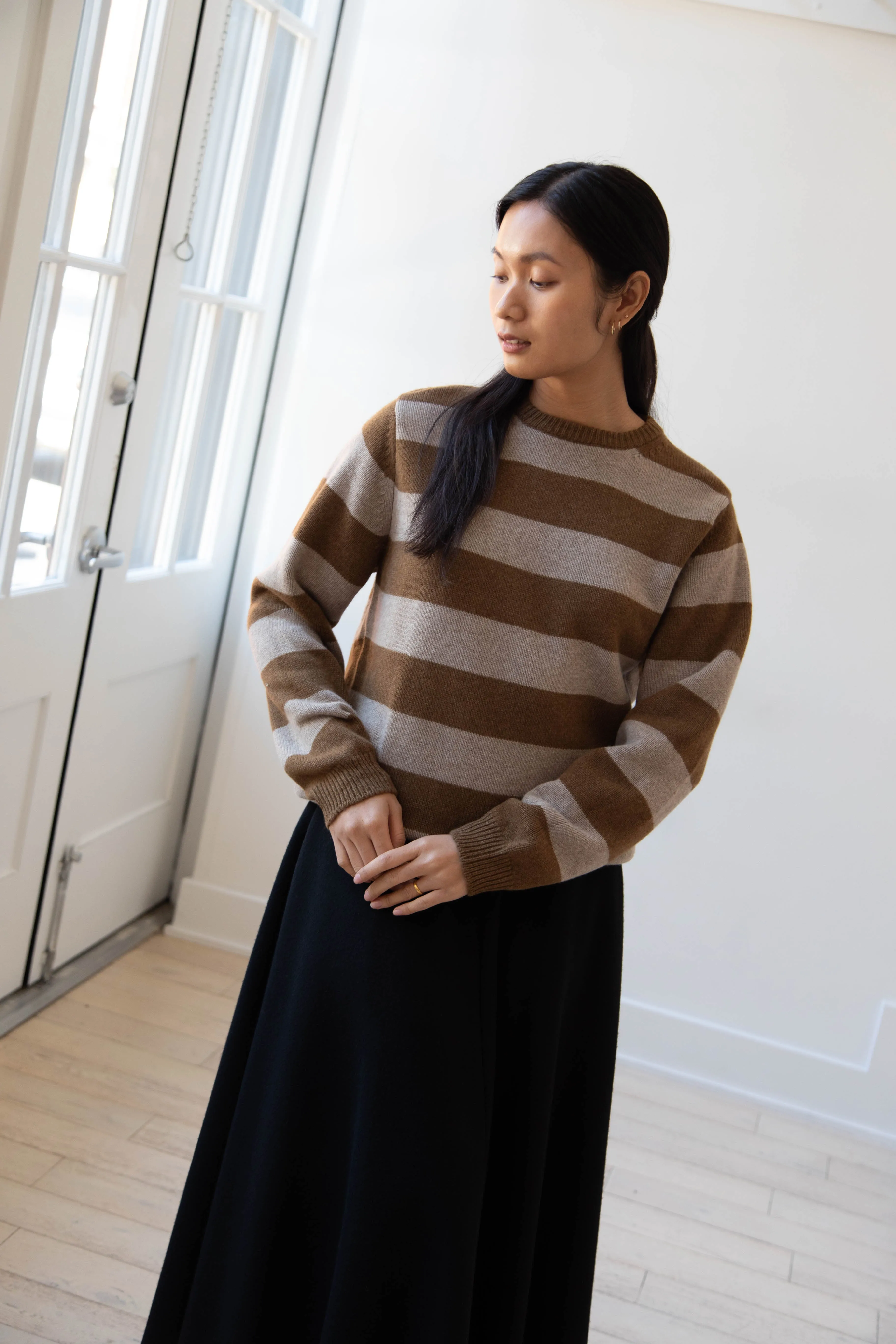 Evan Kinori | Striped Sweater in Dark Ochre & Oat