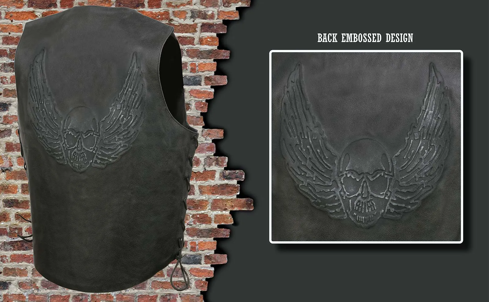 Event Leather's ELM3905 Men's 'Mayhem' 100% Genuine Motorcycle Leather Vest | Biker Vests with Embossed Skull & Wing