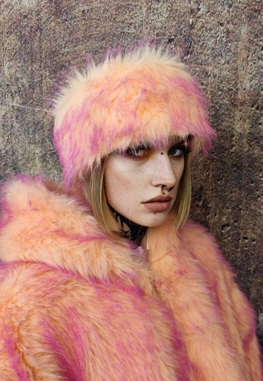 Faux fur headband luxury fluffy head cover in orange pink