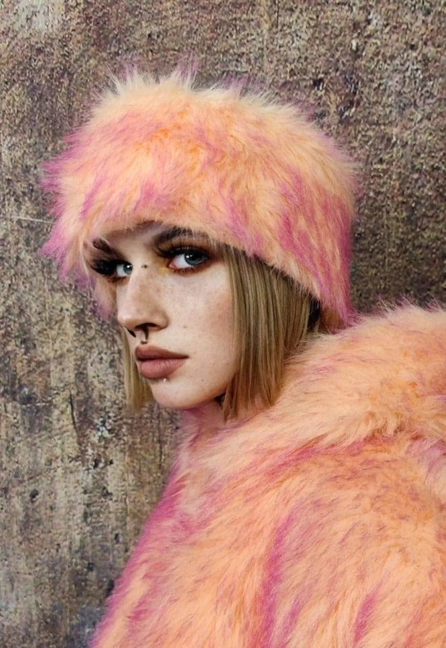 Faux fur headband luxury fluffy head cover in orange pink