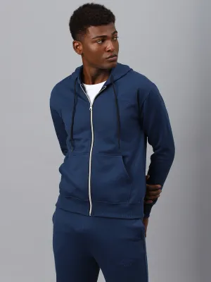 Fitkin Men Blue Zipper Fleece Hooded Jacket