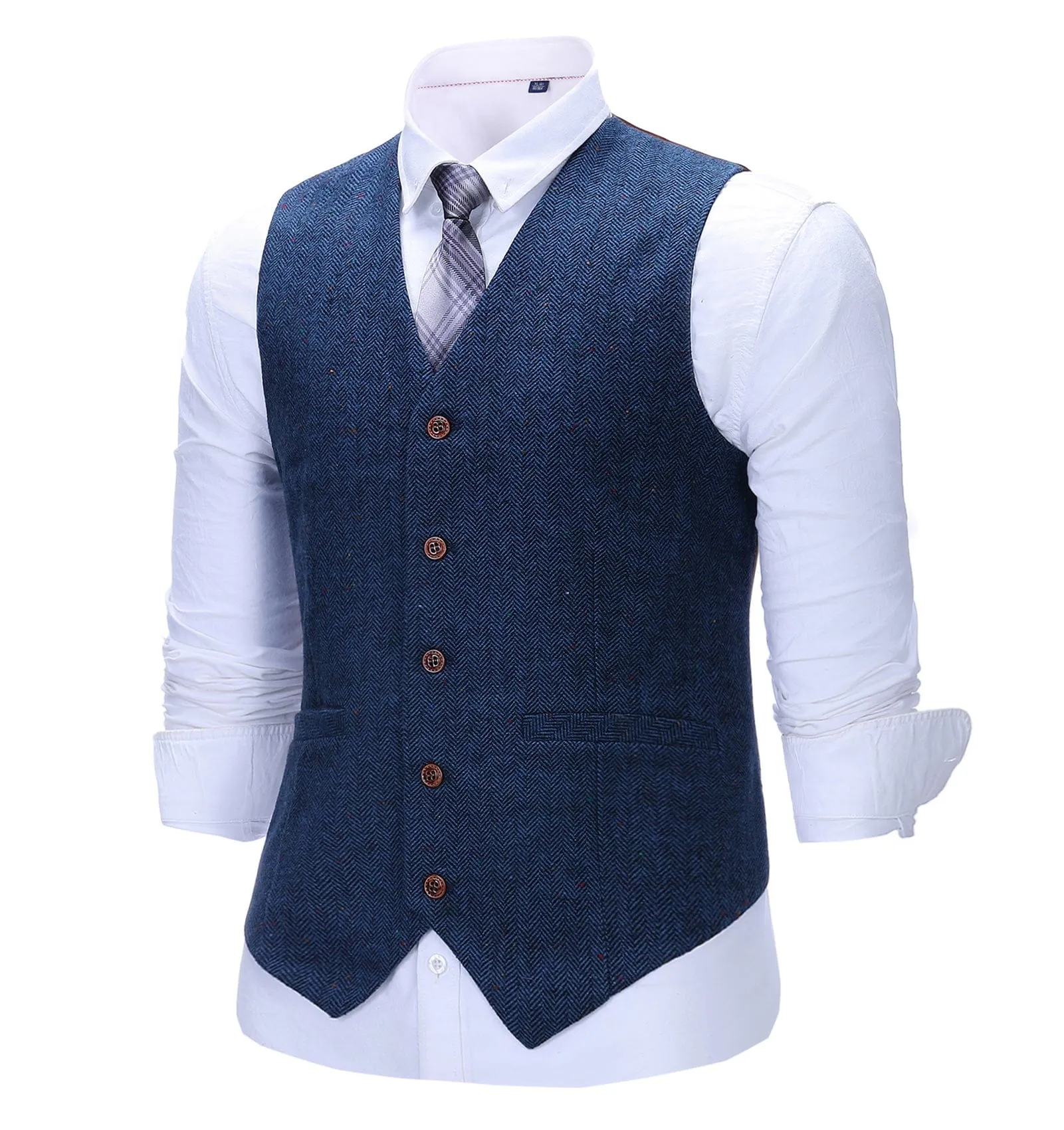 Formal Men's Suit Vest Royal Blue Herringbone V Neck Waistcoat