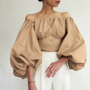 French Style Elegant Long Puff Sleeve Off Shoulder Shirt Blouse