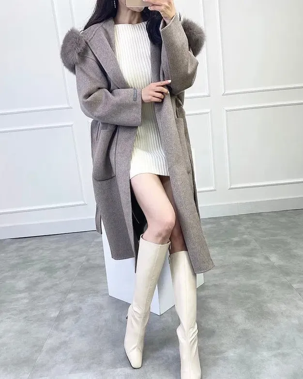 Fur Hoodie Handmade Wool Coat - 100% Wool