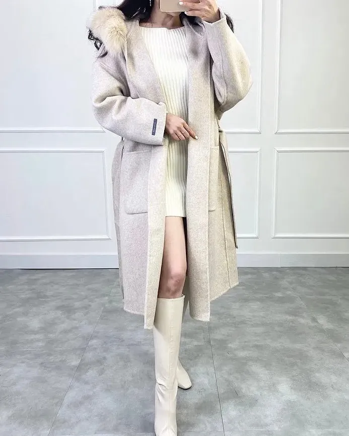 Fur Hoodie Handmade Wool Coat - 100% Wool