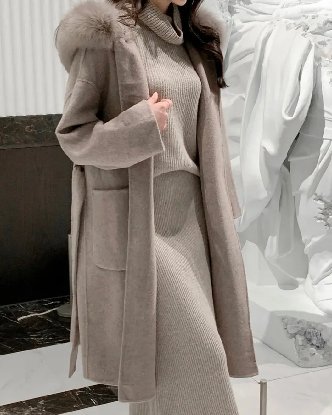 Fur Hoodie Handmade Wool Coat - 100% Wool