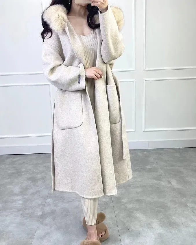 Fur Hoodie Handmade Wool Coat - 100% Wool