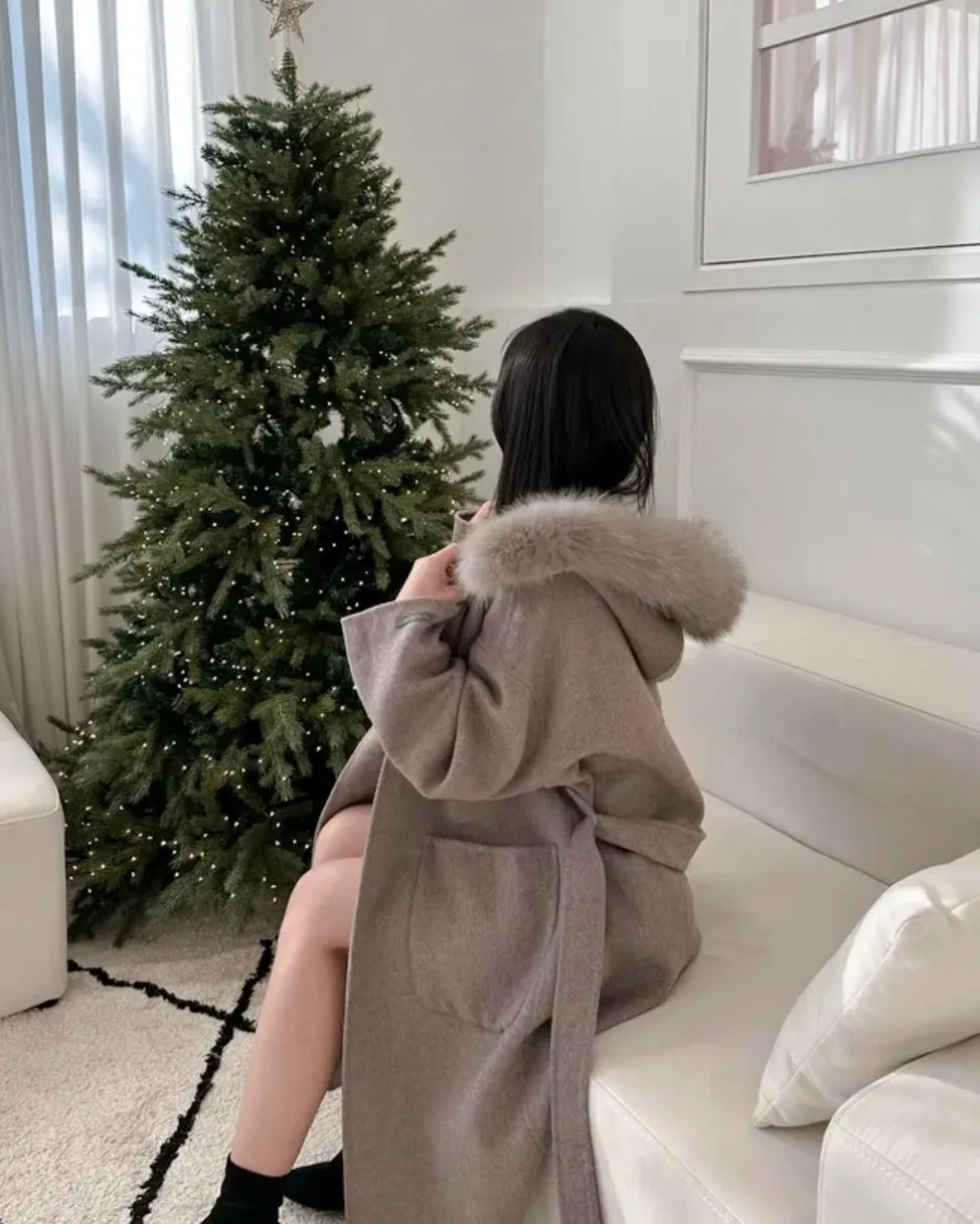 Fur Hoodie Handmade Wool Coat - 100% Wool