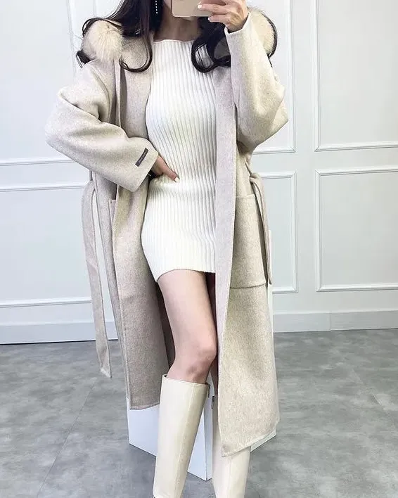 Fur Hoodie Handmade Wool Coat - 100% Wool