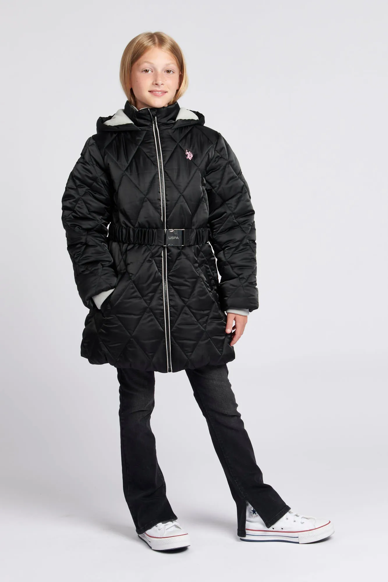 Girls Belted Puffer Coat in Black