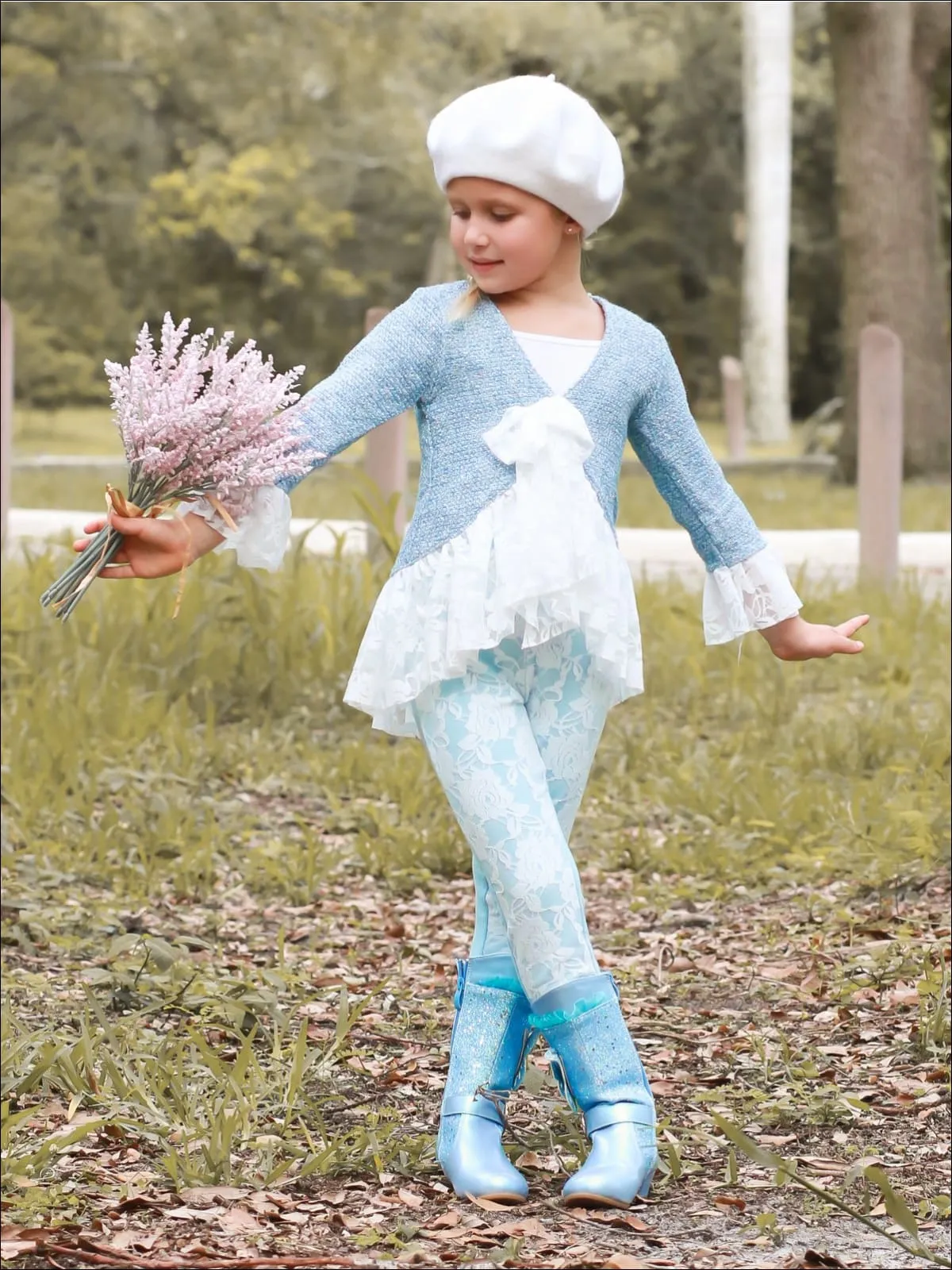 Girls Preppy Tweed Ruffled Lace Front Tie Jacket And Lace Legging Set