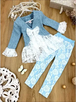 Girls Preppy Tweed Ruffled Lace Front Tie Jacket And Lace Legging Set